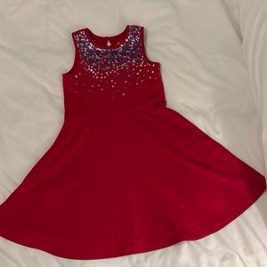 Lands’ End Red Party dress with multi colored sequined accent, Size M (10-12)